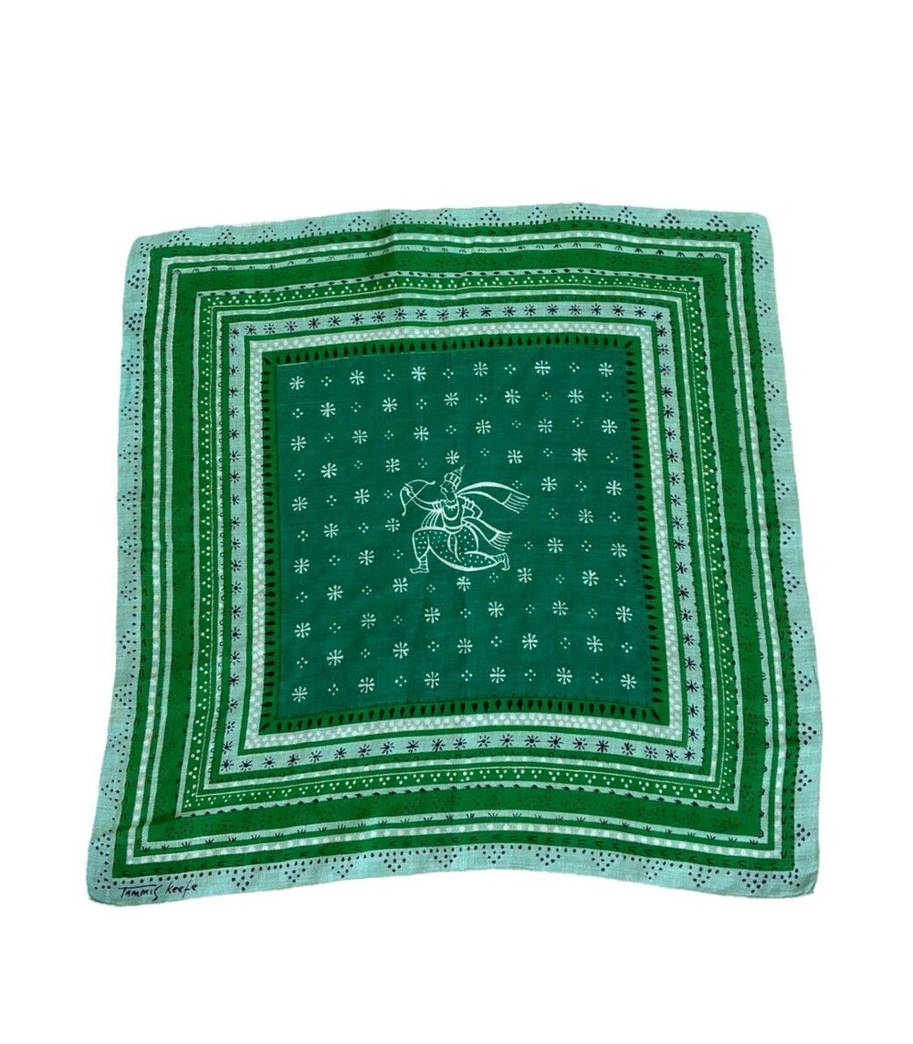 Vintage Tammis Keefe Signed Handkerchief  Green India Warrior 14”X 14”
